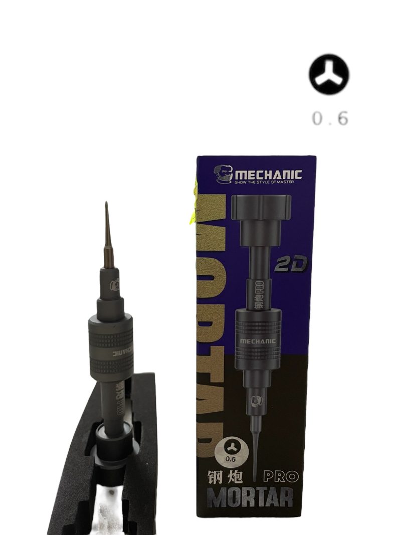 **Mechanic Mortar 0.6 Tornavida – Hassas İşler İçin Profesyonel Çözüm** Mechanic Mortar 0.6 tornavida, ince işçilik gerektiren elektronik tamirleri için mükemmel bir seçimdir. Paslanmaz çelik ucu sayesinde uzun ömürlü ve dayanıklıdır. Ergonomik ve kaymaz tasarımı, rahat bir kullanım sunarken hassas vidalama işlemlerinde maksimum kontrol sağlar. Telefon, tablet, saat ve diğer mikro vidalama gerektiren cihazların onarımı için idealdir.